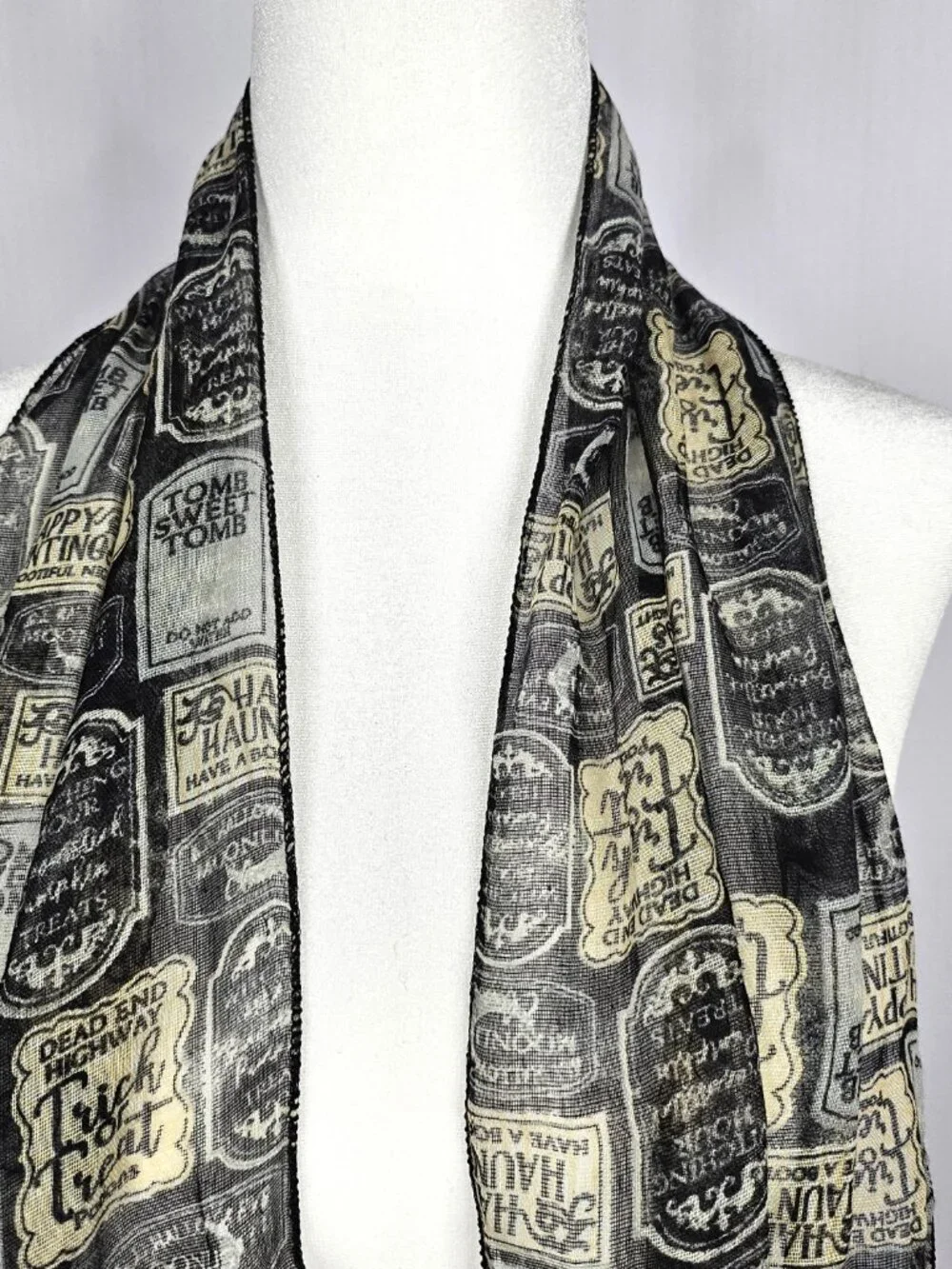 Halloween Scarf | Gothic Tombstone Print | Black Grey Cream | One Size
